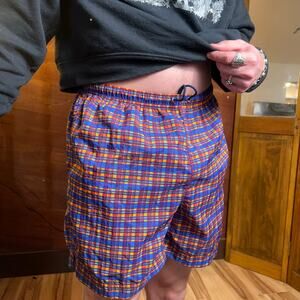 VINTAGE 90s Plaid Track Shorts Size L Lightweight Blue Above The Knee Skater